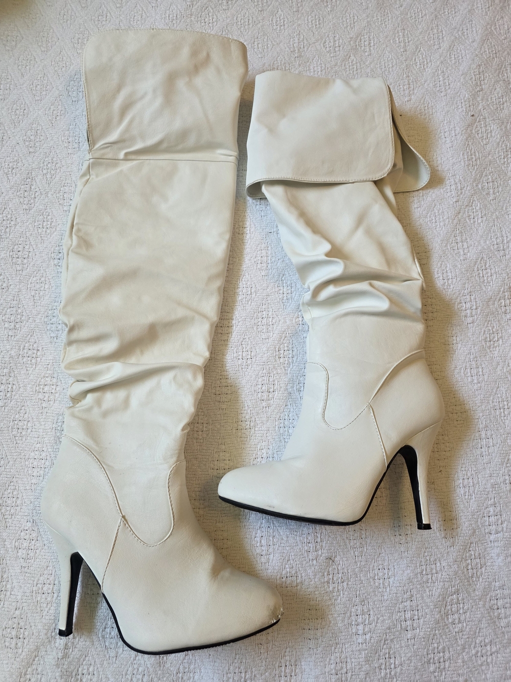 Forever 21 Cream Over-the-Knee Stiletto Fold-Over Boots